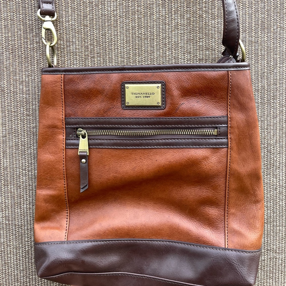Tignanello Brown Leather Crossbody Bag Multi Zip Pocket - Picture 3 of 14